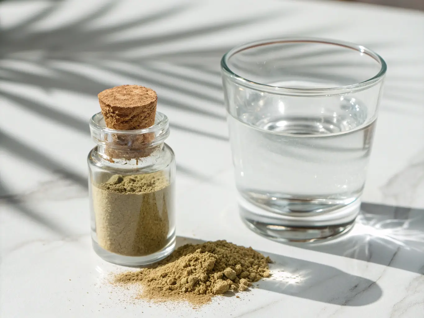 A small vial of kratom and kava powder with a glass of water, emphasizing portability and natural ingredients, displayed on a clean, minimalist background to highlight the convenience and purity of Lovely's shots.