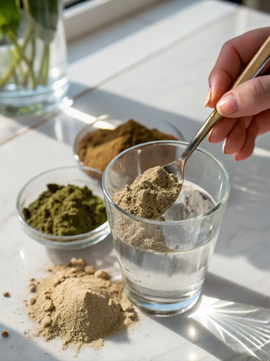A vibrant shot of Lovely's kratom and kava powder being mixed into a glass of water, highlighting the convenience and natural ingredients.