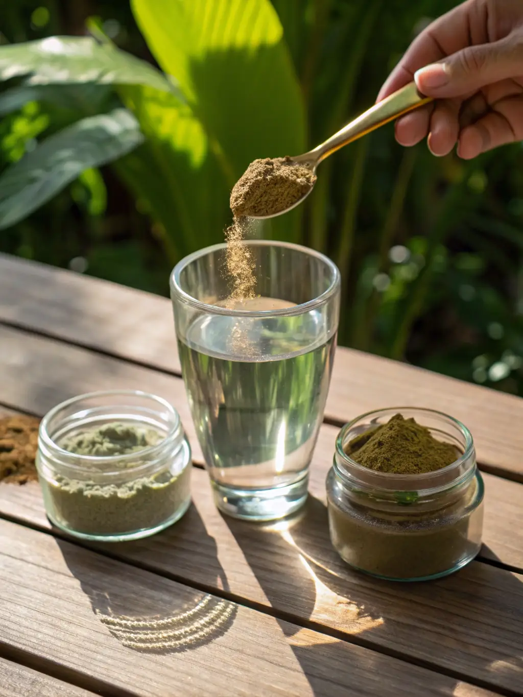 A vibrant shot of freeze-dried kratom and kava shots being mixed into a glass of water, showcasing their ease of use and natural appearance.