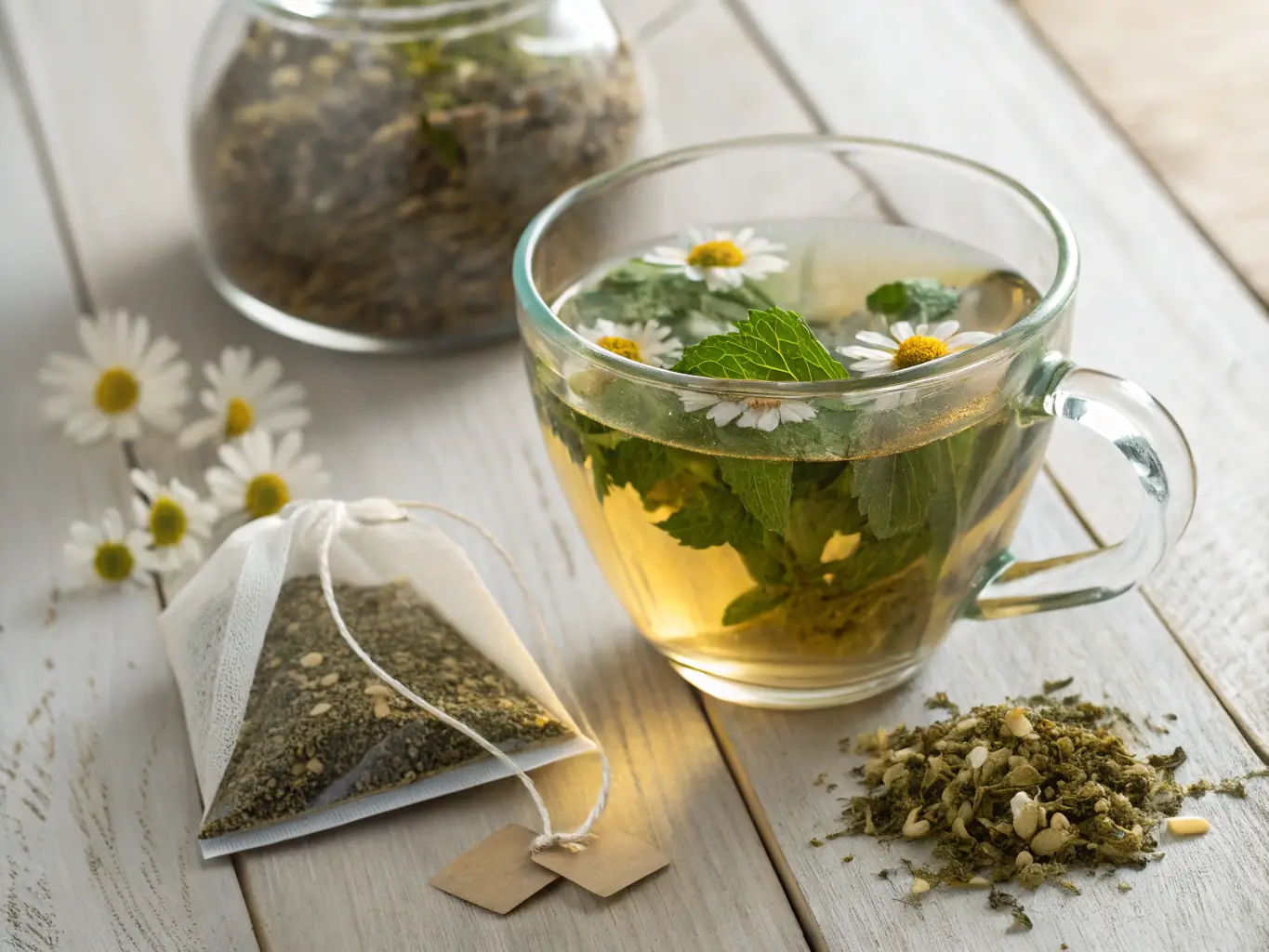 A steaming cup of vibrant herbal tea with fresh leaves and a rustic teapot, highlighting natural ingredients, set in a cozy, natural light-filled setting, perfect for showcasing the organic and soothing nature of Lovely's teas.