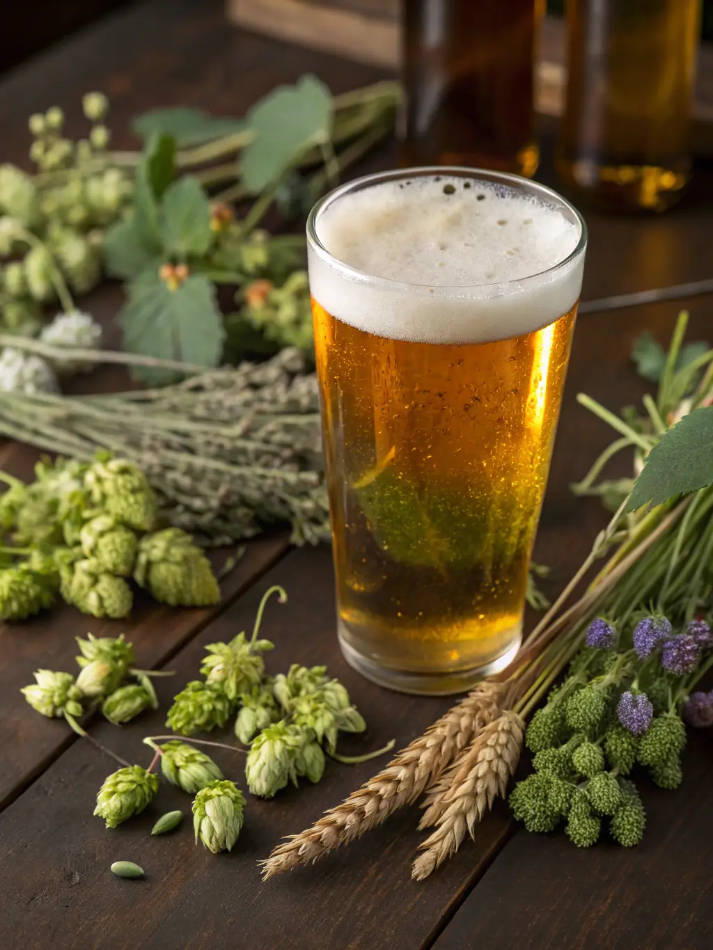 A refreshing glass of Lovely's non-alcoholic adaptogenic beer, showcasing botanical herbs and a modern brewery setting.