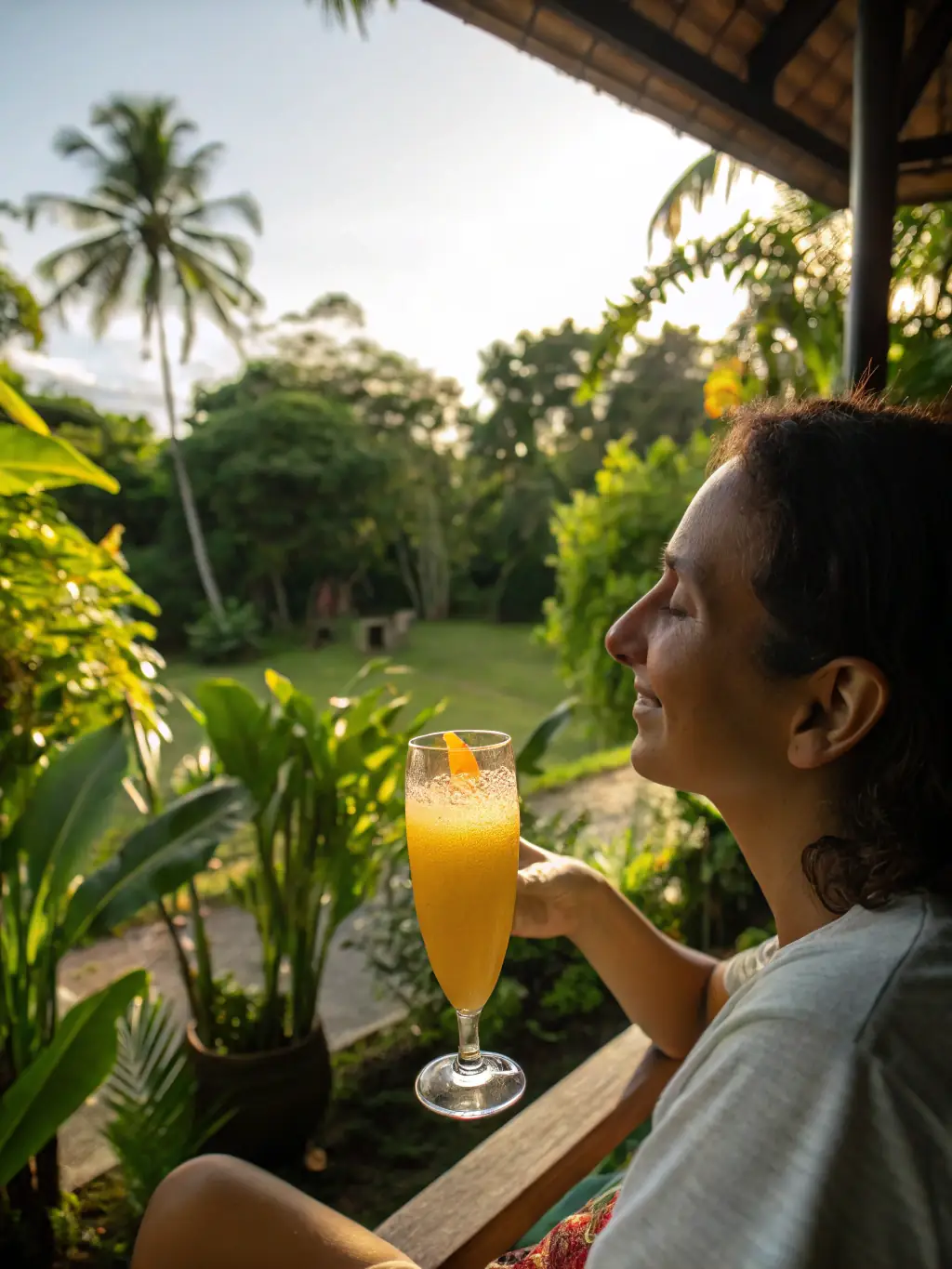 A person feeling refreshed after drinking a botanical blend, highlighting the overall well-being benefits.