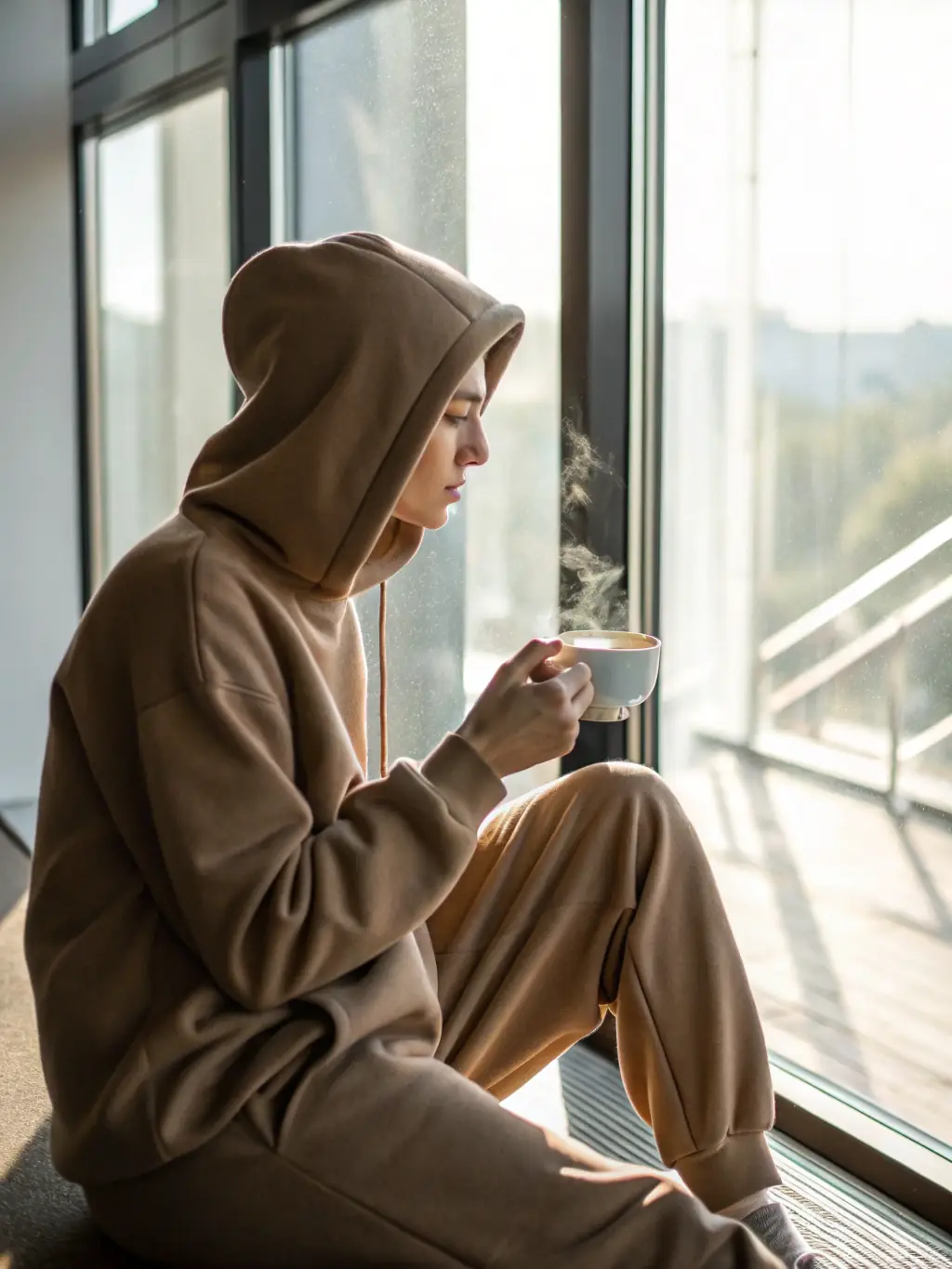 A serene image of a person enjoying a cup of Lovely's organic tea in a peaceful setting, emphasizing relaxation and mental clarity.