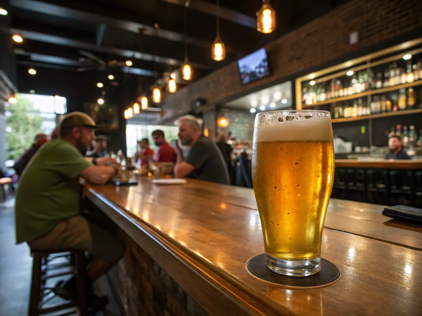 A glass of non-alcoholic beer with botanical herbs and a modern brewery setting, showcasing the innovative and health-conscious approach of Lovely's adaptogenic beers and botanical blends.