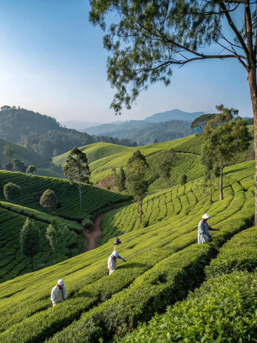 Image of organic tea leaves being harvested, showcasing the sustainable and ethical sourcing practices of Lovely's tea ingredients.