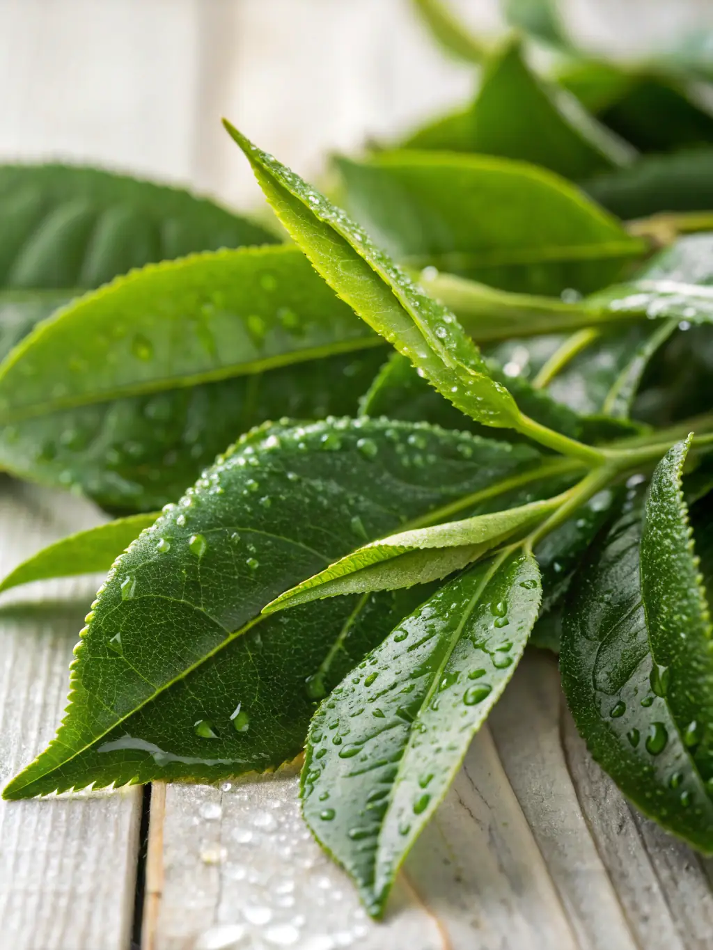 Close-up shot of fresh, green kratom leaves, showcasing their natural texture and vibrant color, used to highlight the quality of Lovely's kratom-infused beverages.